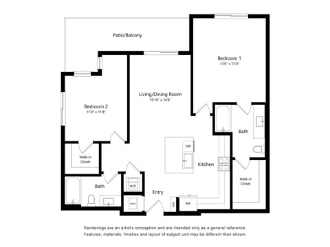 A floor plan of a home with two bedrooms, a living/dining room, a kitchen, and a bath.